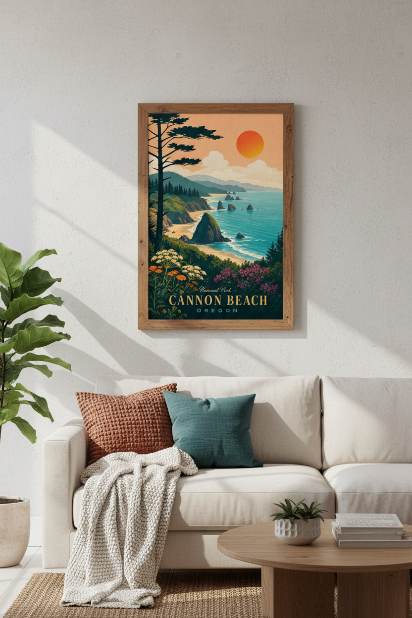 Cannon Beach Oregon Vintage Travel Poster | Coastal Wall Art, Retro Nature Print