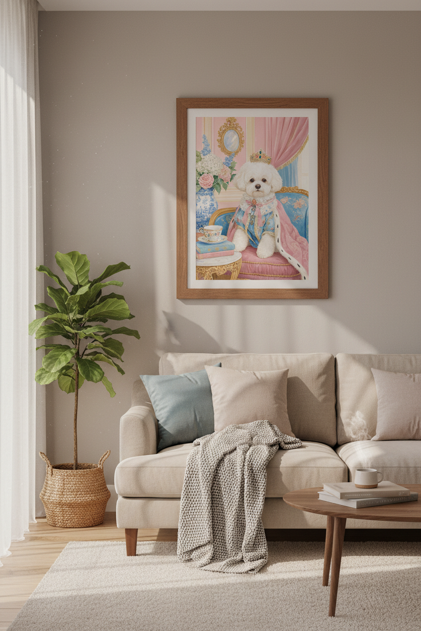 Bichon Frise Royal Portrait | Pastel Pink & Blue Coquette Decor, Pet Lover Gift