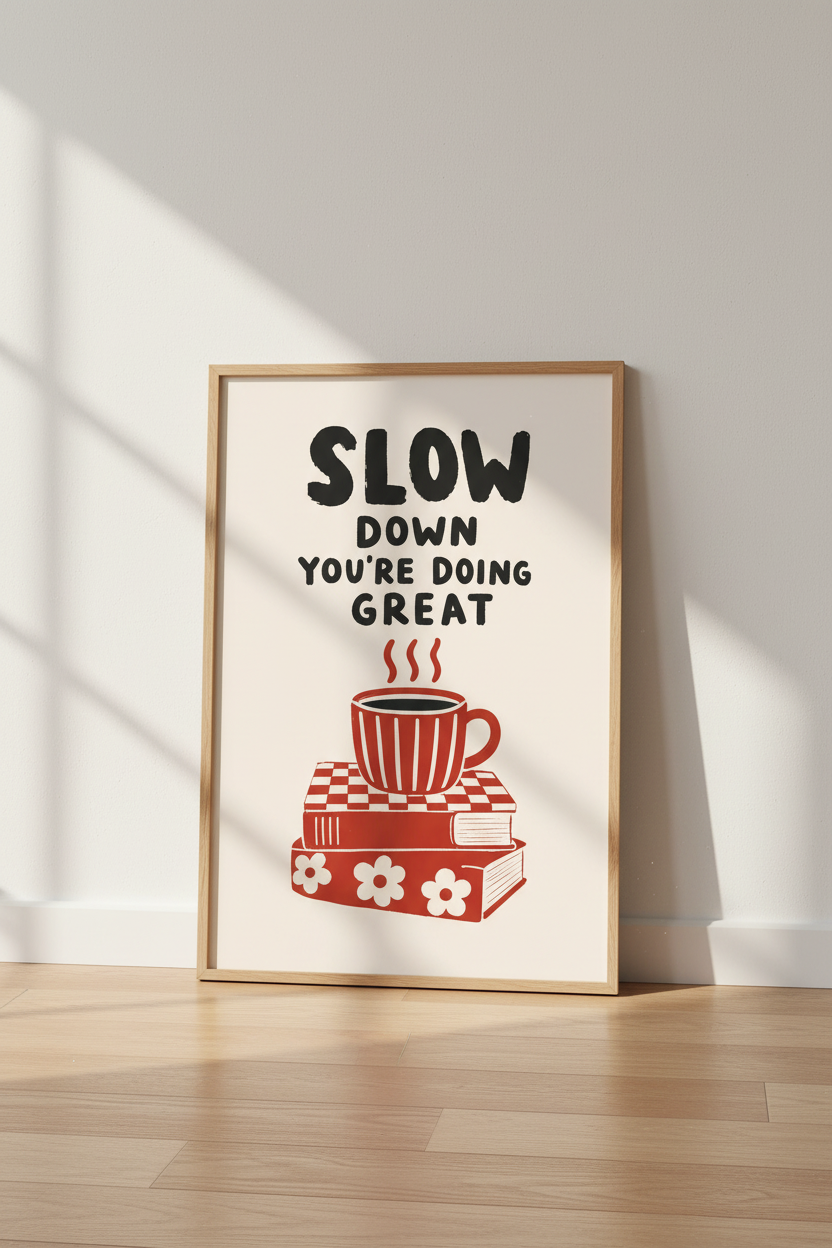 Slow Down Quote Poster | Red Coffee & Books Wall Art | Retro Aesthetic Decor