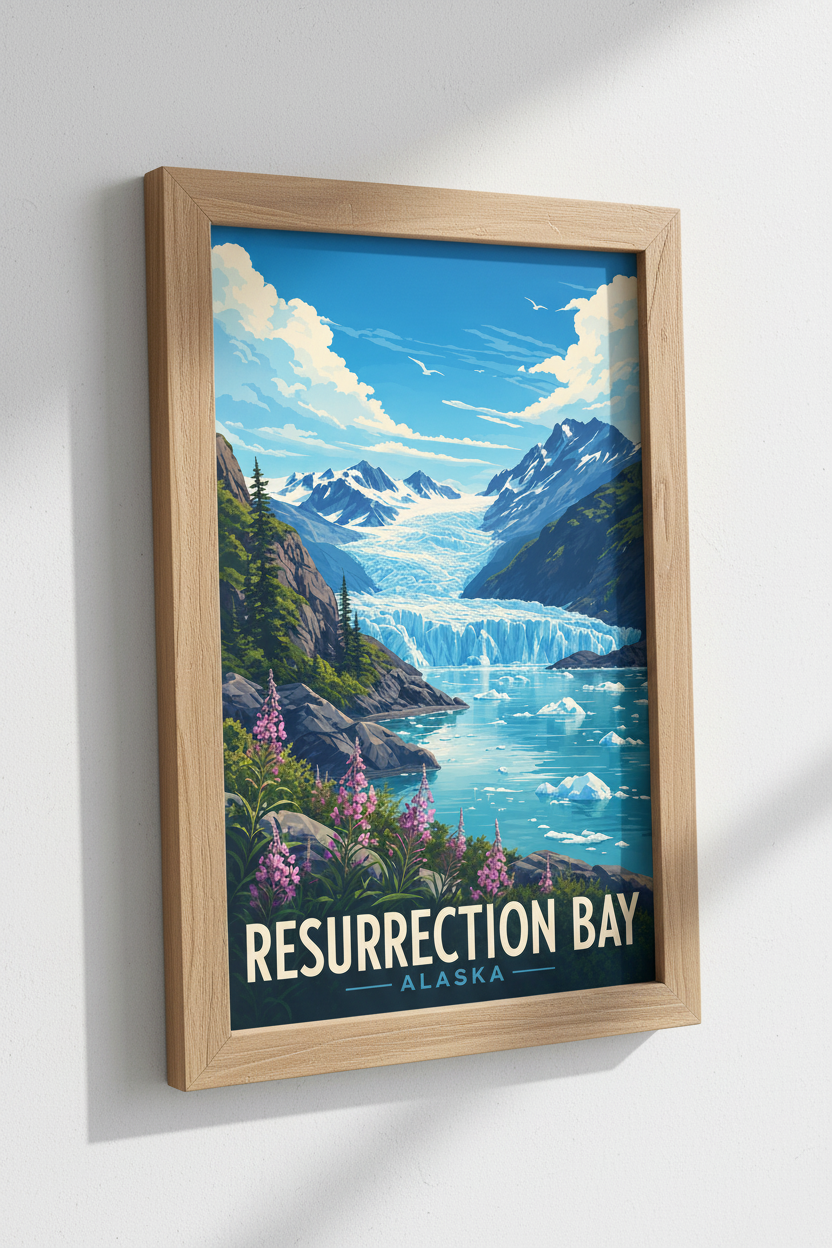 Resurrection Bay Alaska Travel Poster | Glacier Mountain Wall Art Print | Cabin Decor