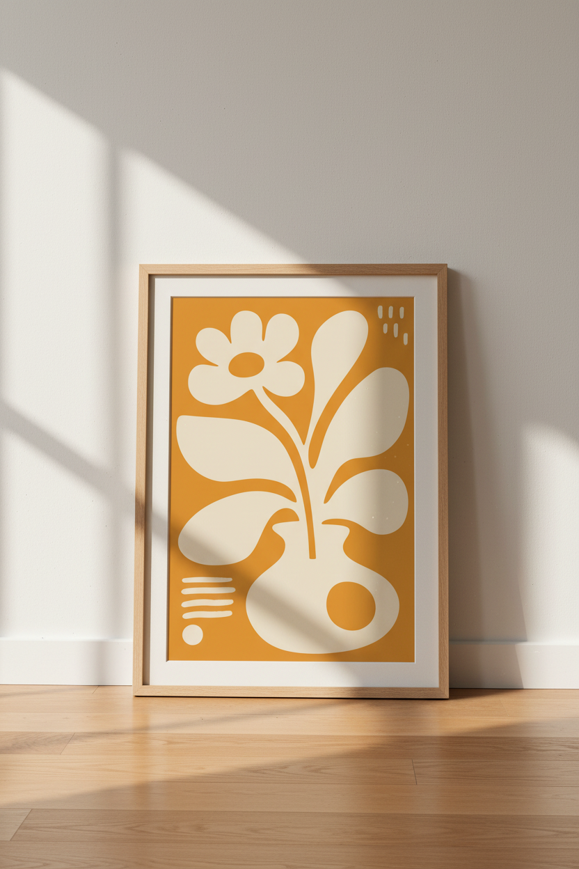 Abstract Flower Vase Wall Art | Mustard Yellow Minimalist Print, Boho Living Room Decor