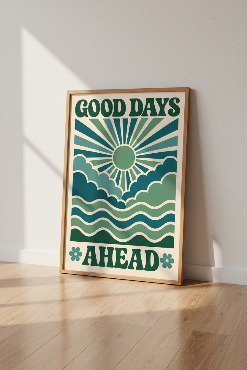 Retro Sun & Wave Wall Art Print | Good Days Ahead Poster | Green & Teal Decor