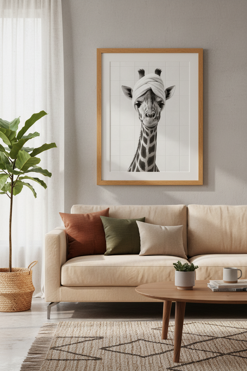 Giraffe in Towel Wall Art | Black and White Bathroom Decor | Funny Animal Poster