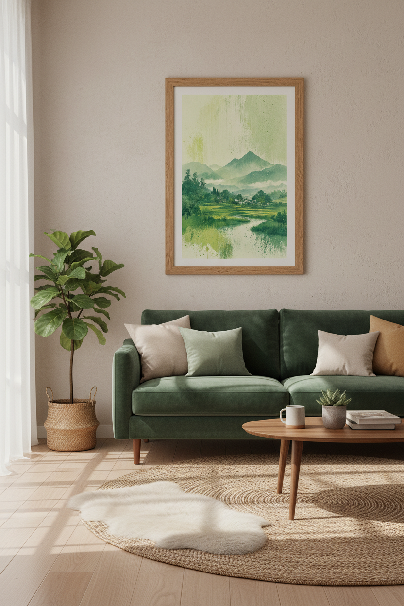 Japanese Mountain Landscape | Sage Green Watercolor Print, Zen Nature Wall Art