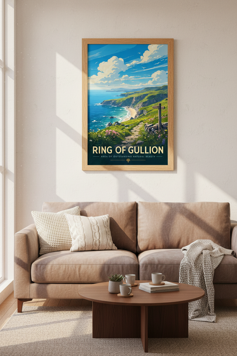 Ring of Gullion Travel Poster | Ireland Coastal Wall Art | Blue Green Nature Decor