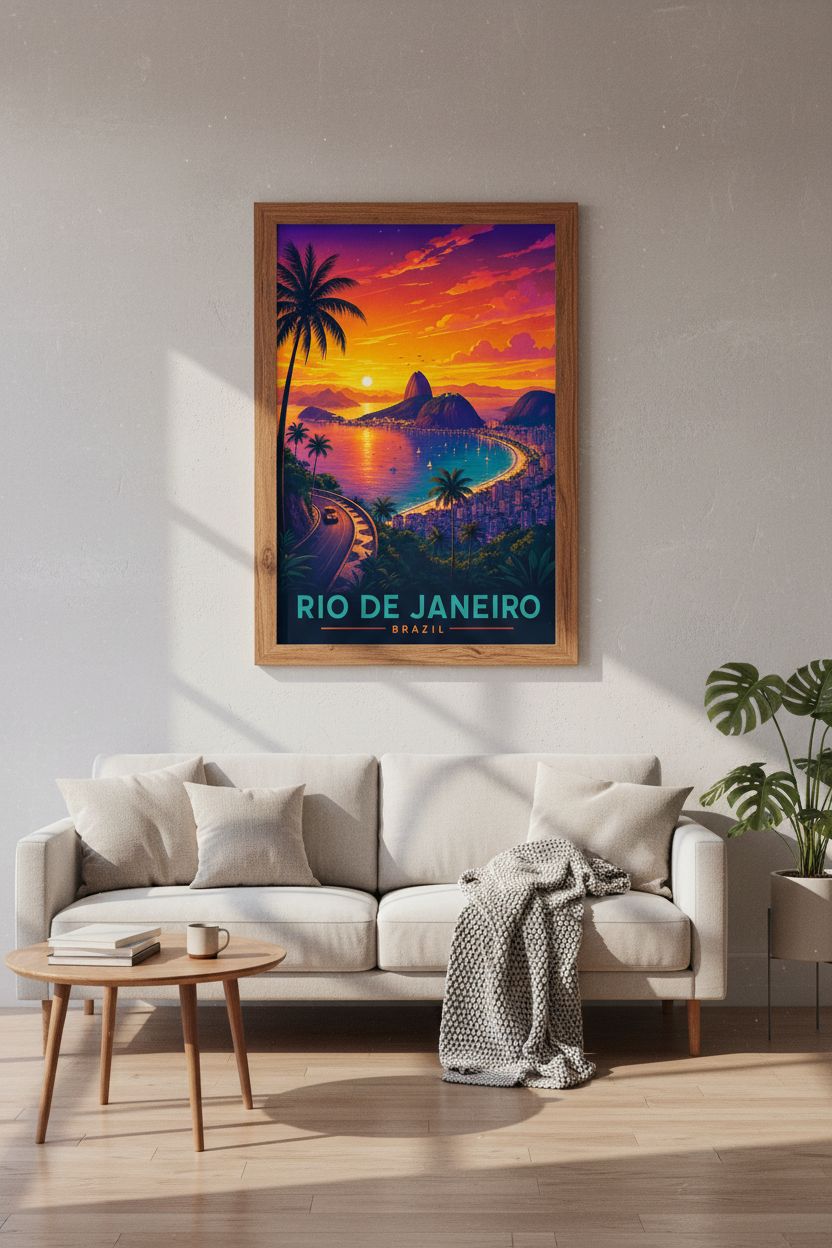 Rio de Janeiro Brazil Poster | Retro Vibrant Sunset Wall Art, Tropical Living Room Decor