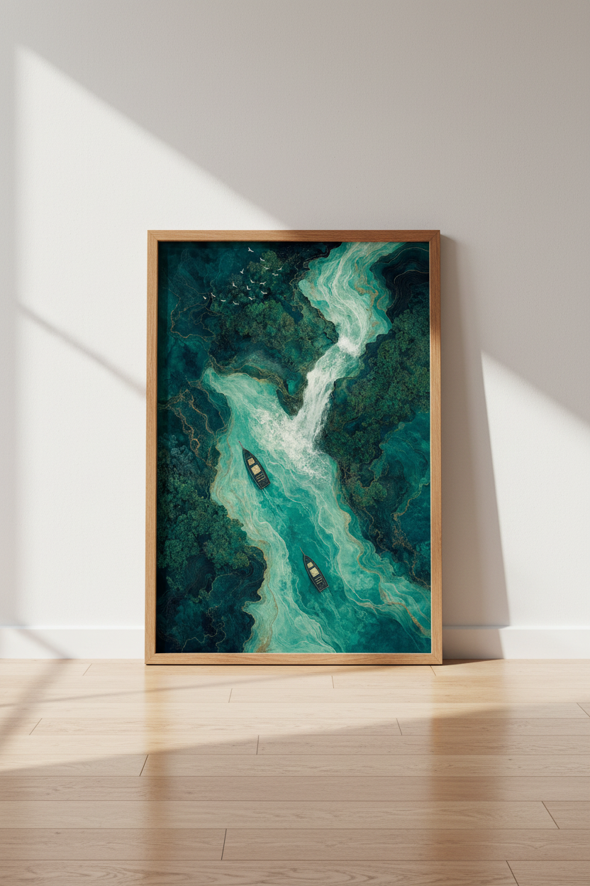 Teal River Aerial Wall Art | Emerald & Gold Nature Decor, Bedroom Poster