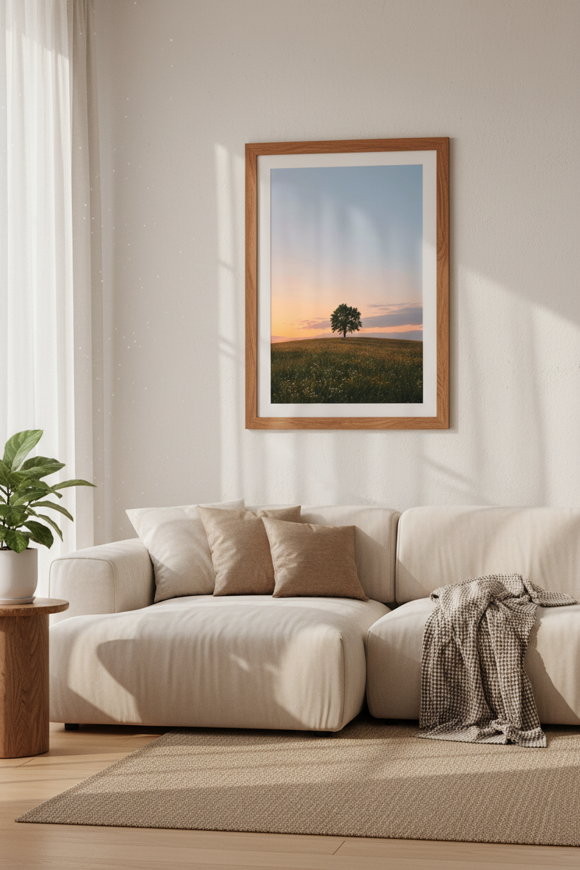 Lone Tree Landscape Art | Sunset Gold & Blue, Zen Living Room Decor