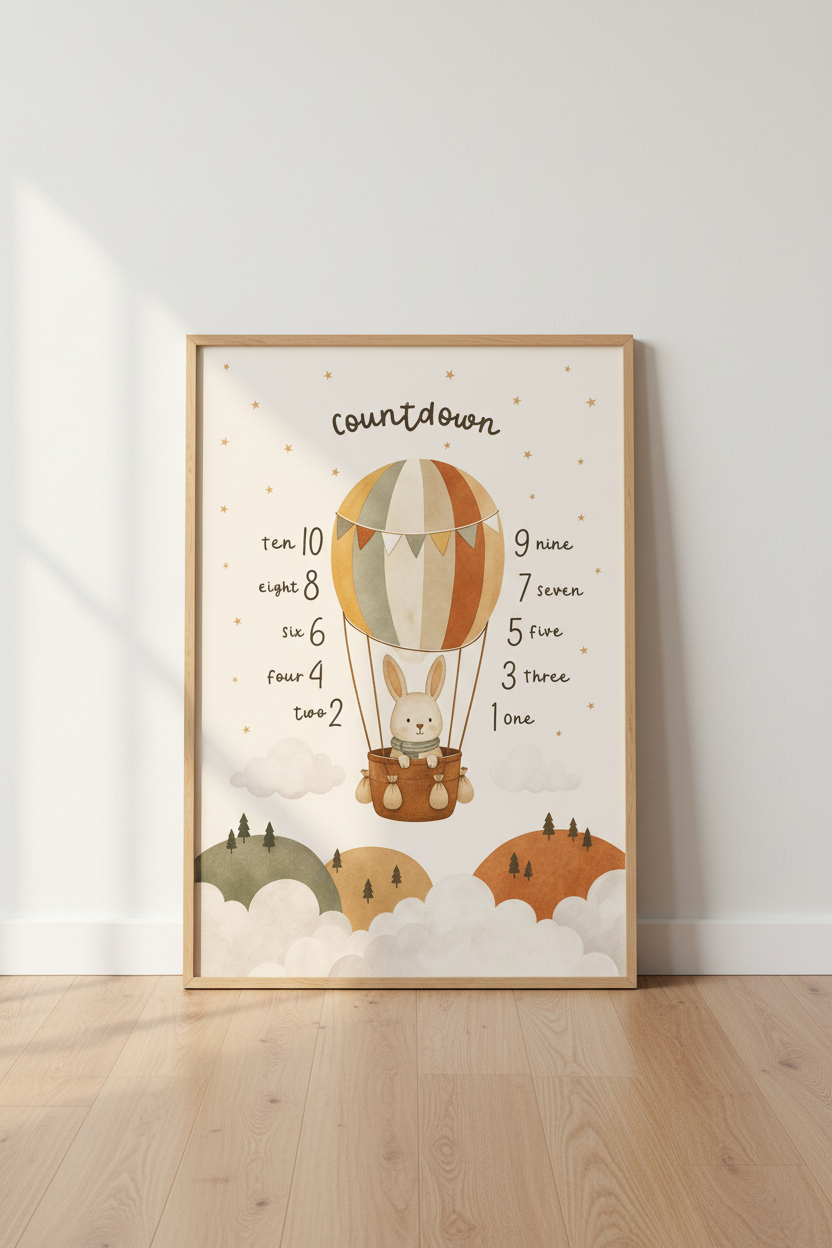 Bunny Hot Air Balloon Countdown Art | Nursery Decor | Boho Educational Poster