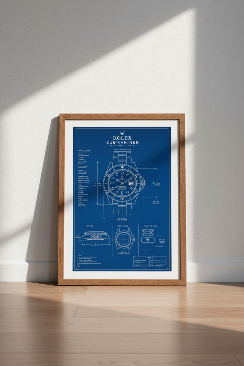 Rolex Submariner Blueprint Wall Art | Office Decor | Watch Technical Poster