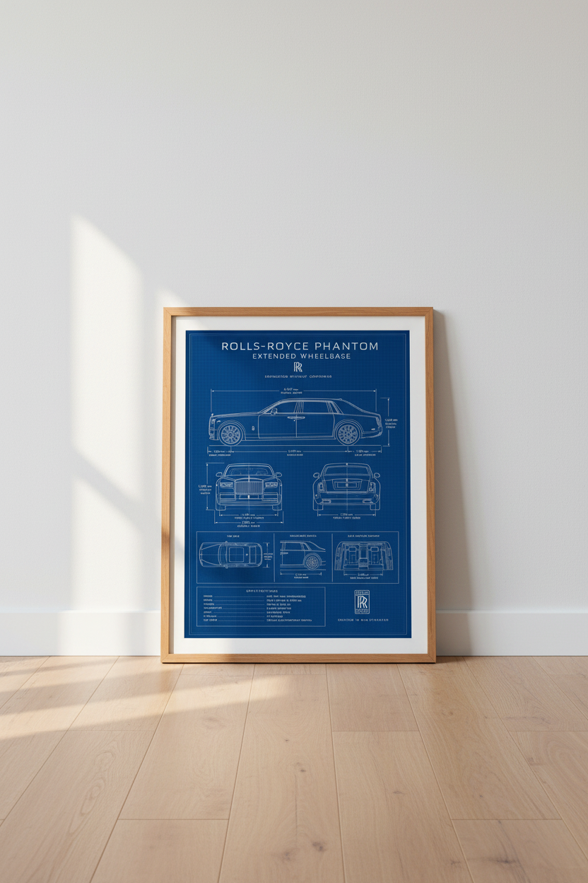 Rolls-Royce Phantom Blueprint Wall Art | Office Decor | Luxury Car Poster