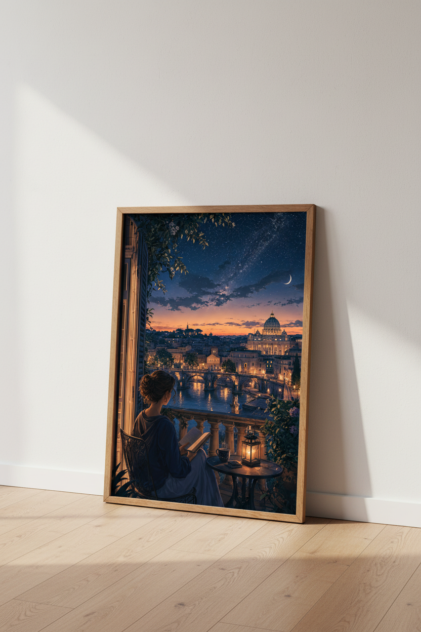 Rome Balcony Night Wall Art | Starry Sky Italy Poster | Cozy Reading Nook Decor
