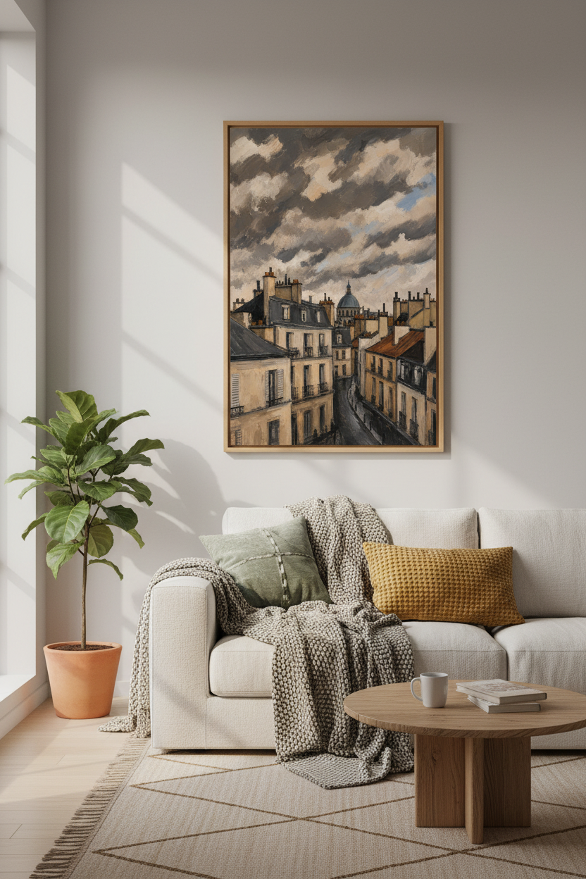 Paris Cityscape Art | Moody Greys Tones, Living Room Decor | Impressionist Poster