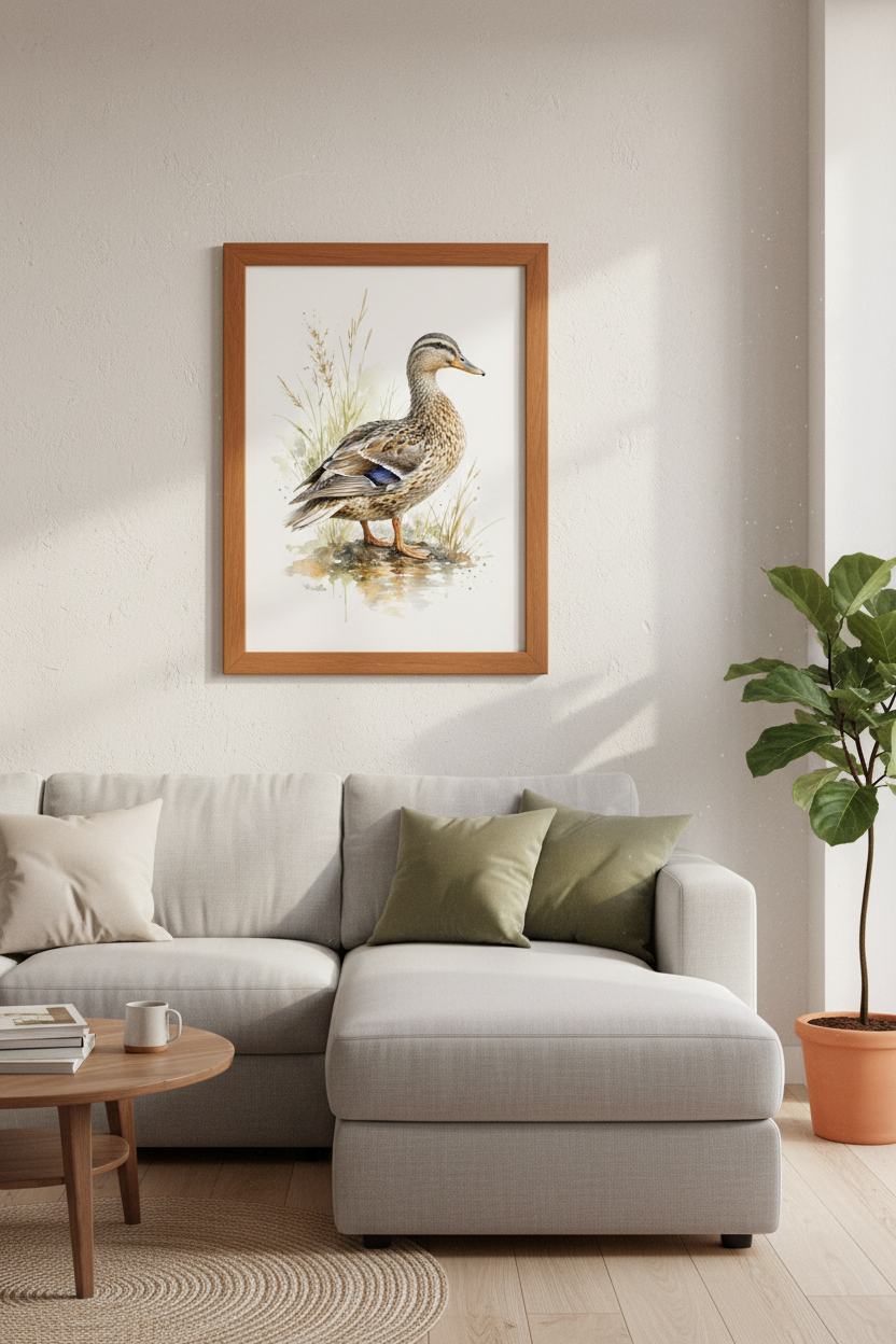 Mallard Duck Watercolor Art | Rustic Brown Bird Print, Farmhouse Lake House Decor