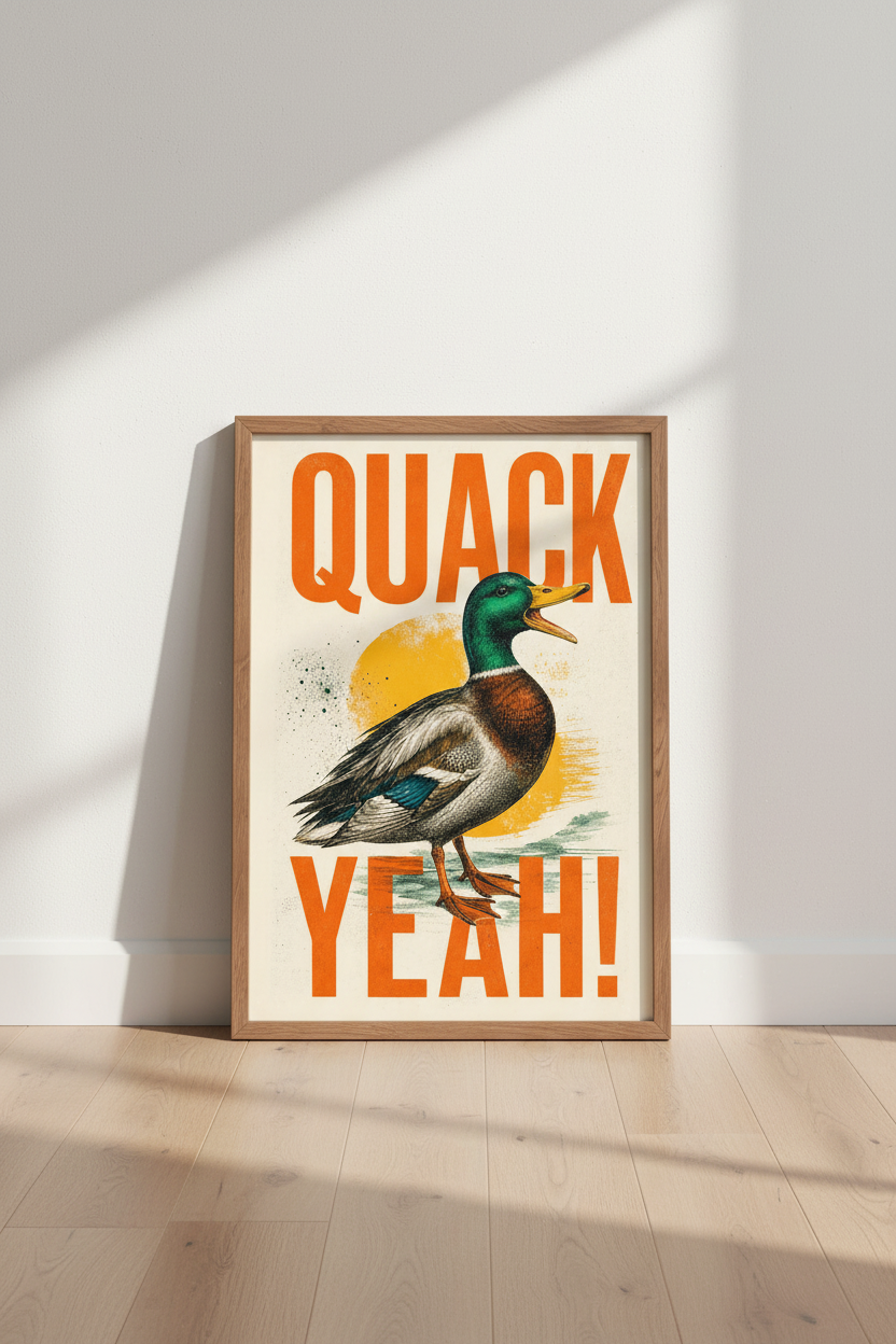 Mallard Duck Quack Yeah Wall Art | Retro Orange Bird Poster | Funny Decor
