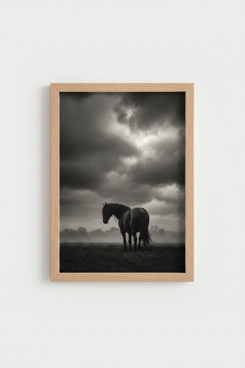 Horse Wall Art Print | Moody Black and White Photography, Dark Aesthetic Poster