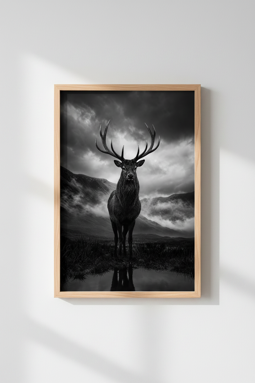Rustic Stag Wall Art | Black and White Deer Print, Moody Mountain Cabin Poster