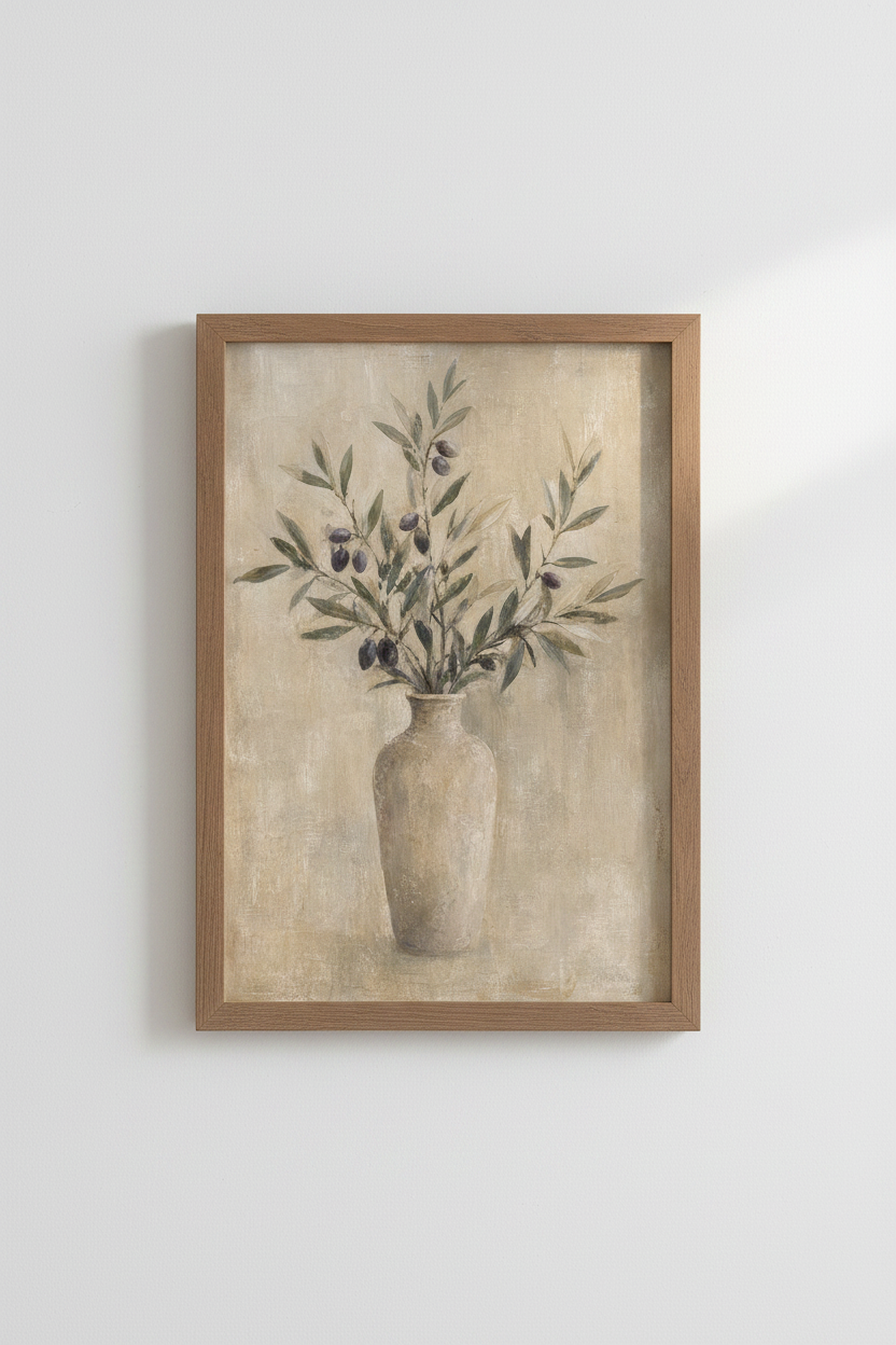 Olive Branch in Vase Wall Art | Rustic Neutral Botanical, Modern Farmhouse Decor