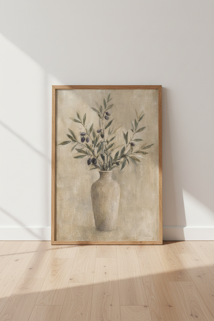 Olive Branch in Vase Wall Art | Rustic Neutral Botanical, Modern Farmhouse Decor