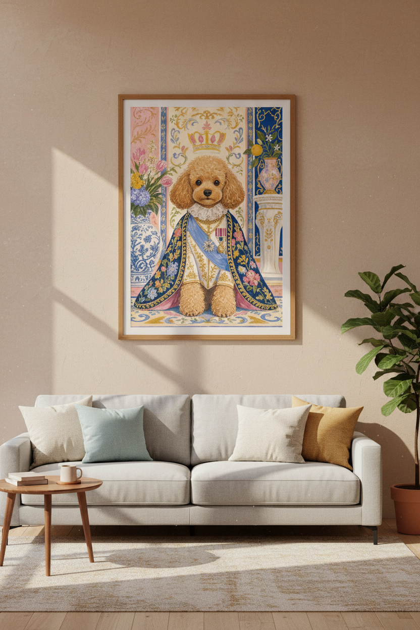 Royal Poodle Portrait Art | Whimsical Pet Wall Decor | Grandmillennial Poster