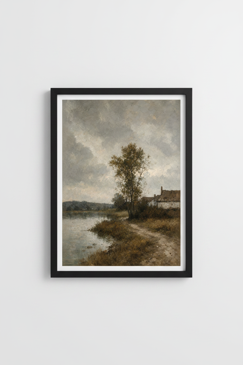 Vintage Landscape Oil Painting | Moody Lake Cottage, Dark Academia Wall Art