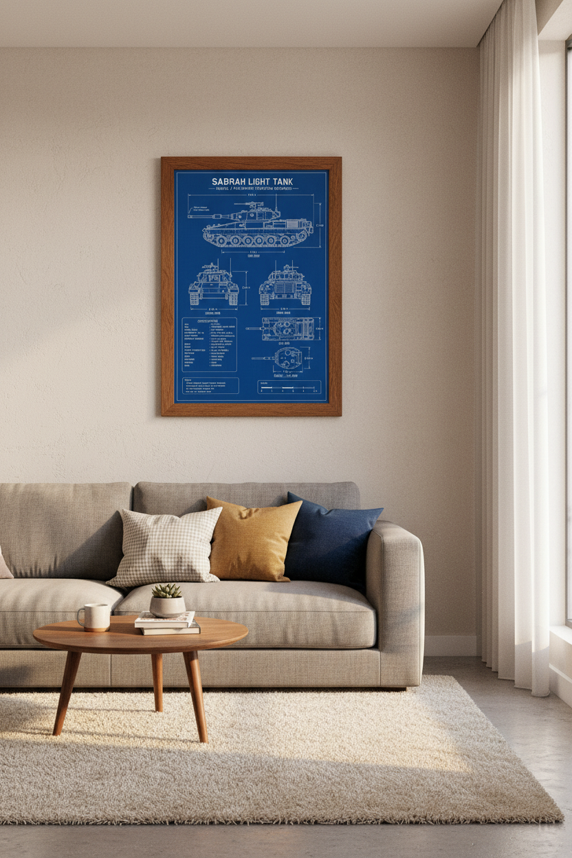 Sabrah Light Tank Blueprint Wall Art | Military Office Decor | Blue Technical Poster
