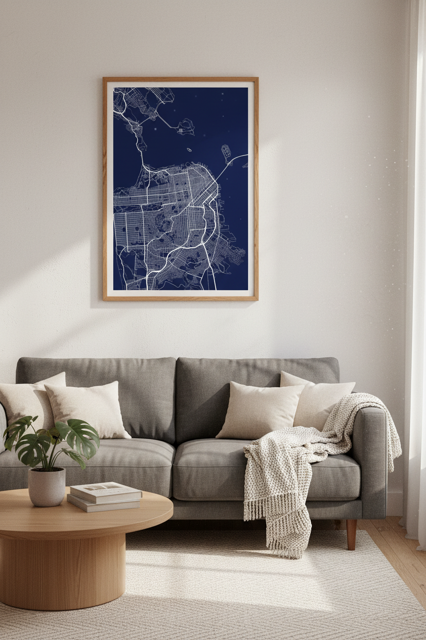 San Francisco City Map Wall Art | Navy Blue Minimalist Poster | Office Decor