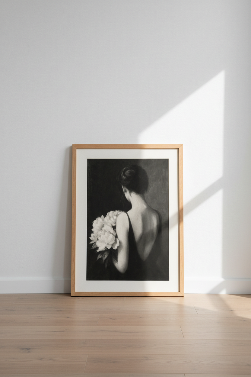 Woman with Peonies Wall Art Print | Charcoal Noir Portrait | Dark Academia Decor