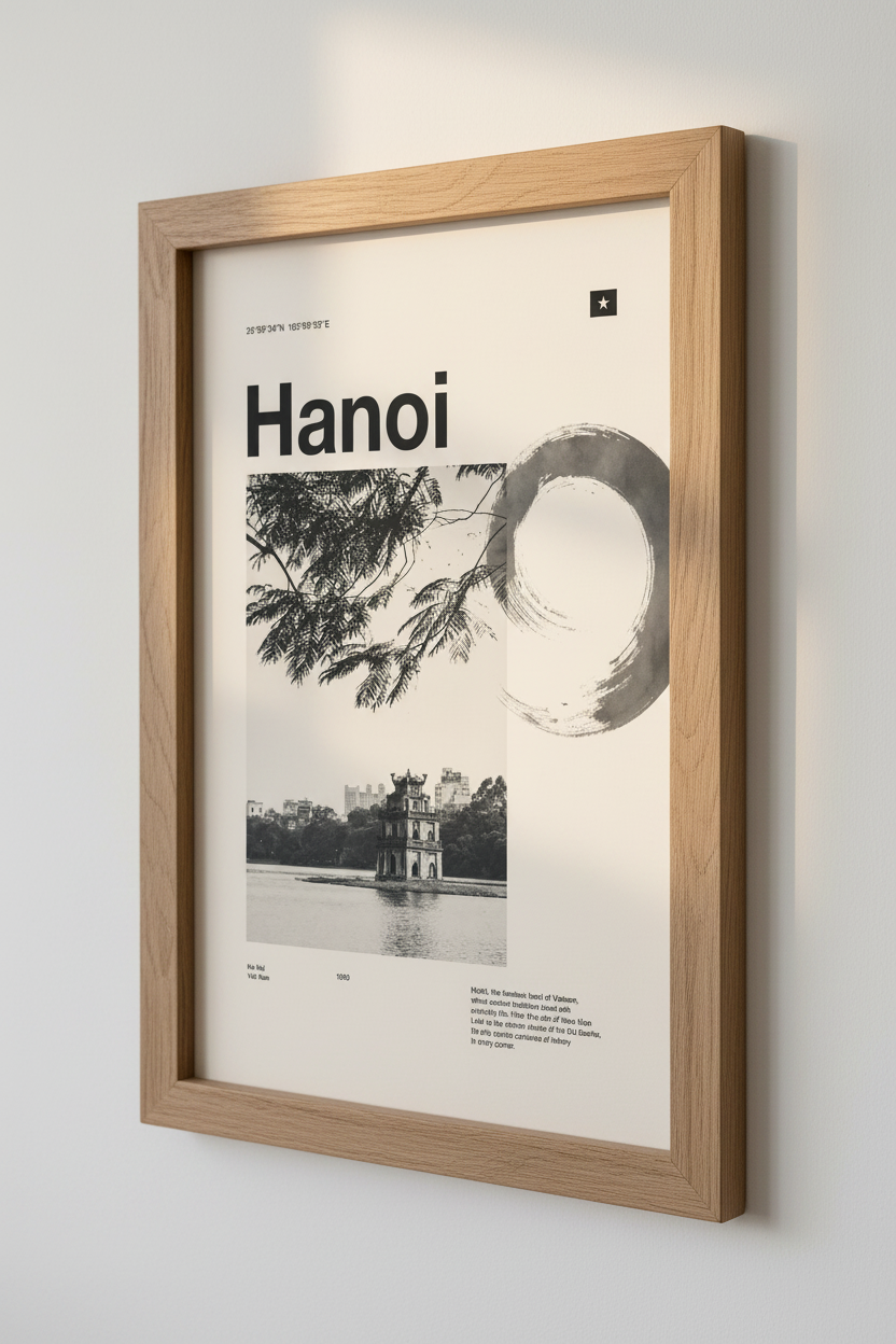 Hanoi Vietnam Wall Art | Minimalist Black and White Travel Poster, Office Decor