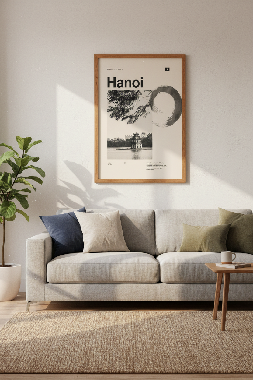 Hanoi Vietnam Wall Art | Minimalist Black and White Travel Poster, Office Decor