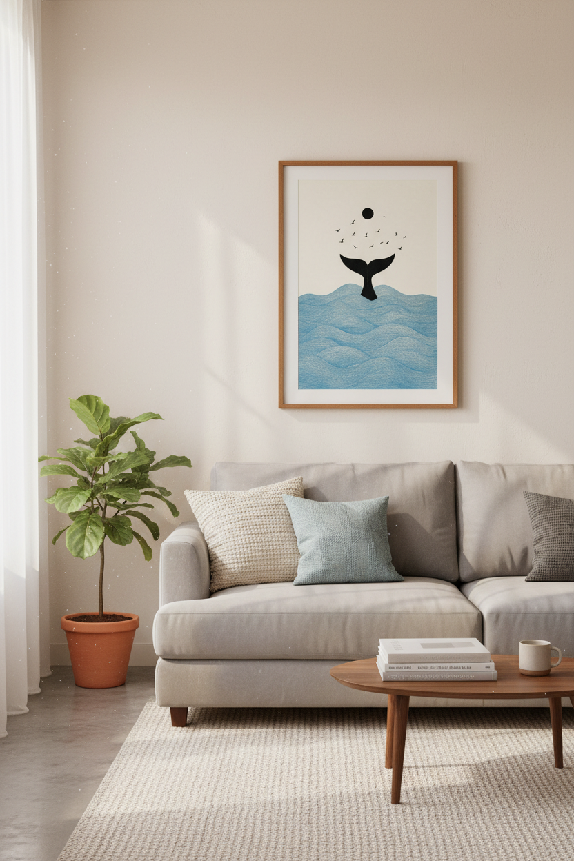 Minimalist Whale Tail Wall Art | Blue Coastal Ocean Print, Modern Zen Decor