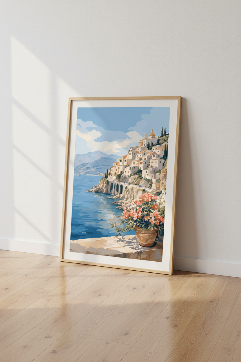 Amalfi Coast Italy Art Print | Mediterranean Coastal View | Vintage Travel Poster