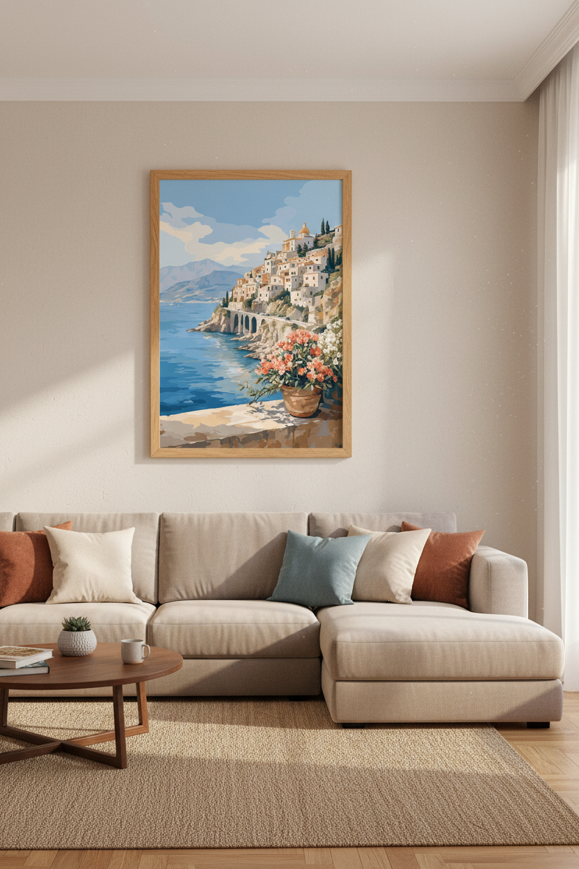 Amalfi Coast Italy Art Print | Mediterranean Coastal View | Vintage Travel Poster