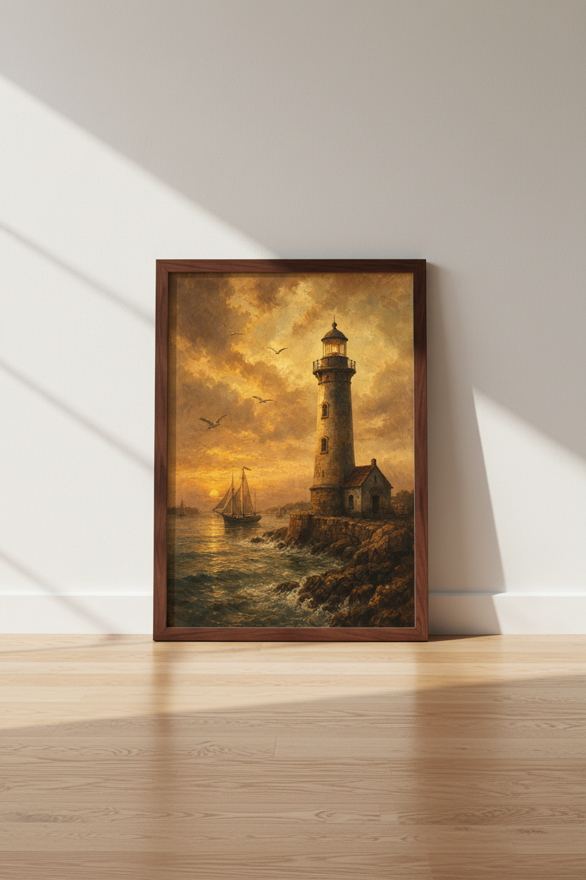 Lighthouse Wall Art | Warm Sepia Tones, Coastal Living Room Decor