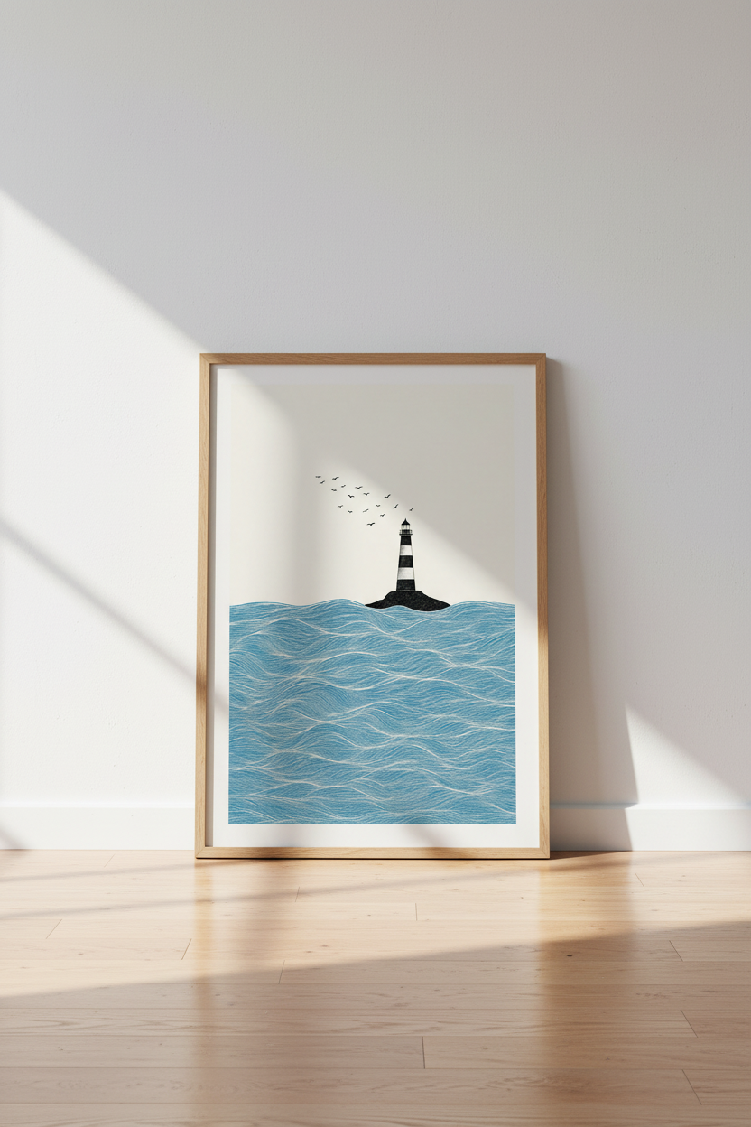 Lighthouse Ocean Wall Art | Blue Coastal Nautical Poster | Modern Beach Decor