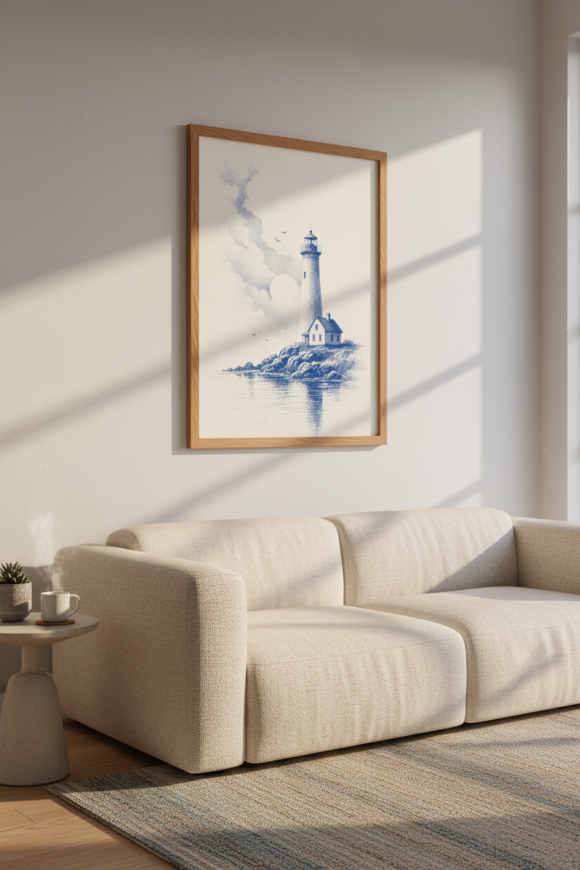 Lighthouse Stipple Art Print | Blue Nautical Coastal Decor | Maritime Poster