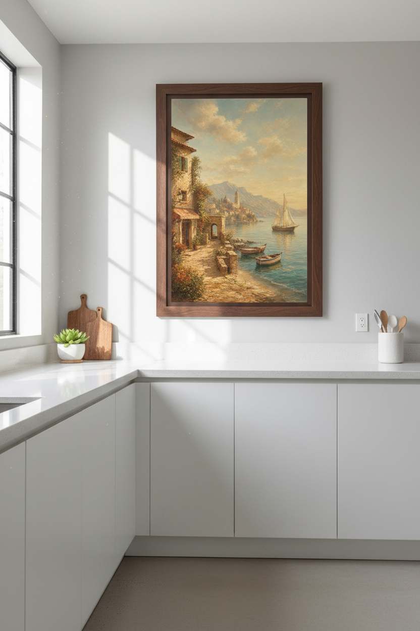 Seascape Ocean Vista | Impressionist Coastal Village Wall Art Print | Living Room Decor