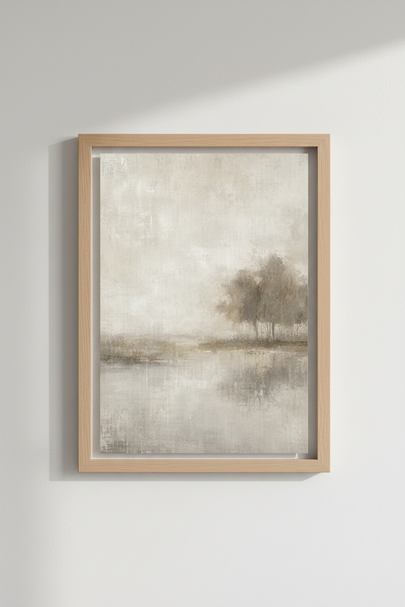 Misty Tree Landscape | Beige Minimalist Art, Neutral Modern Living Room Decor