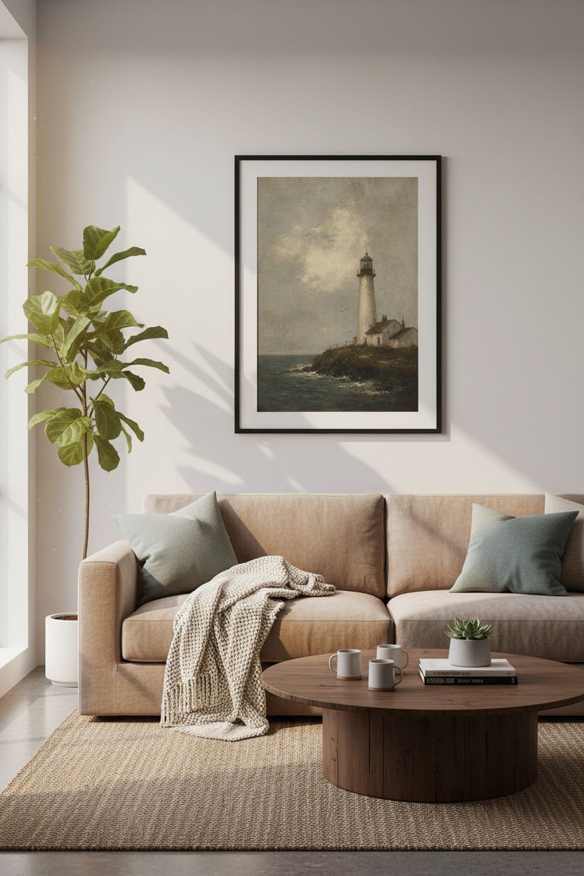 Lighthouse Oil Painting | Vintage Coastal Moody Landscape, Nautical Wall Art