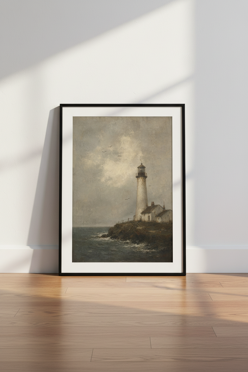 Lighthouse Oil Painting | Vintage Coastal Moody Landscape, Nautical Wall Art
