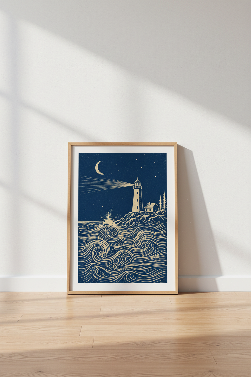 Lighthouse Night | Navy Blue Nautical Woodcut Style | Coastal Bedroom Decor Poster