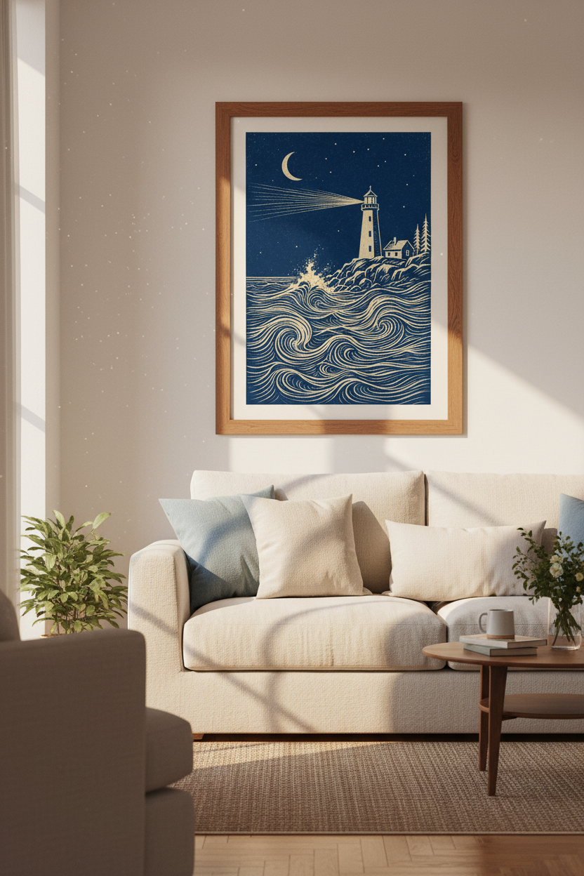 Lighthouse Night | Navy Blue Nautical Woodcut Style | Coastal Bedroom Decor Poster
