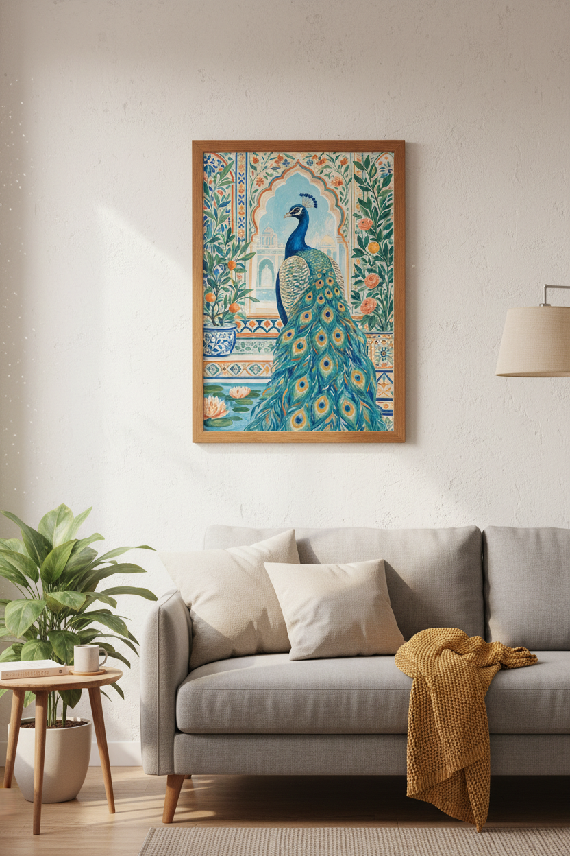 Indian Peacock Wall Art | Teal & Orange Folk Art, Palace Garden Decor