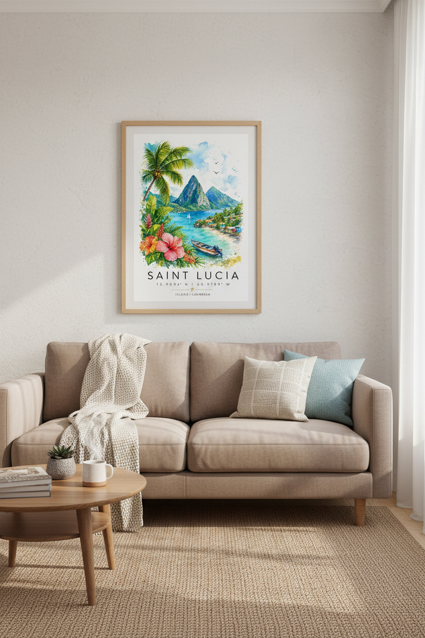 Saint Lucia Watercolor Travel Poster | Tropical Island Wall Art | Coastal Beach Decor