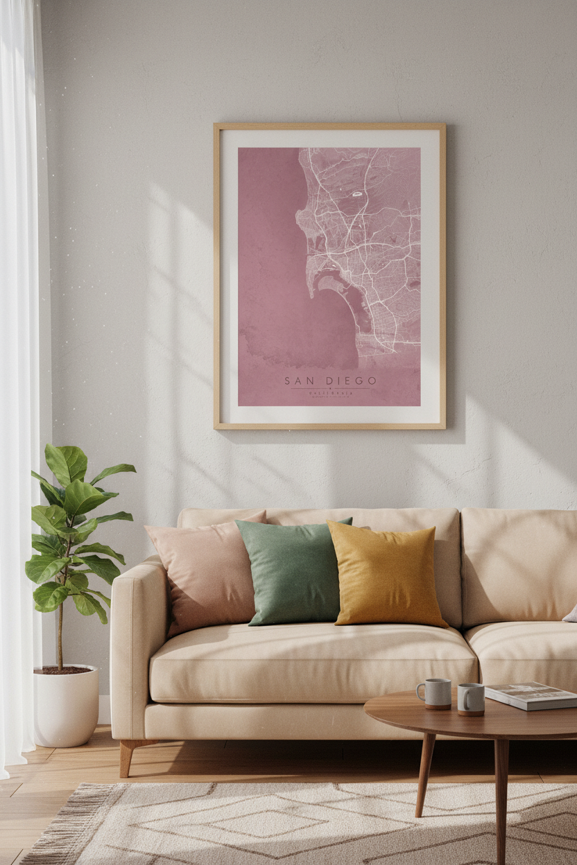 San Diego Map Wall Art | Dusty Rose California City Poster | Minimalist Boho Decor