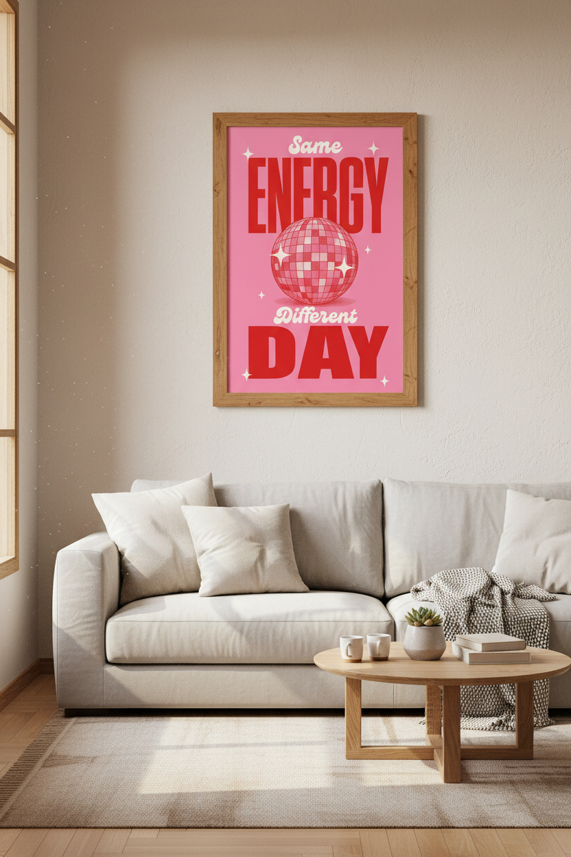 Retro Disco Ball Art | Same Energy Different Day Print, Pink Preppy Dorm Decor