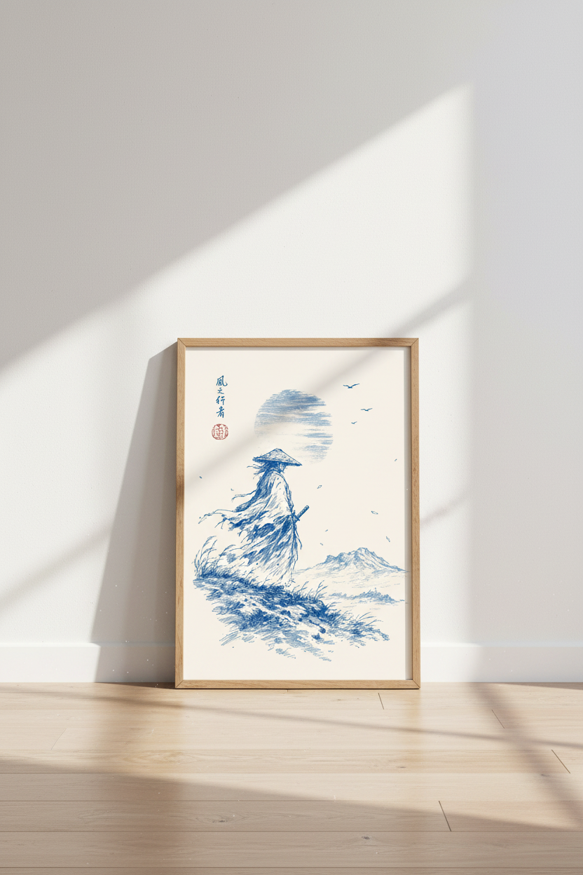 Samurai Warrior Wall Art | Blue Ink Sketch, Japanese Zen Decor Poster