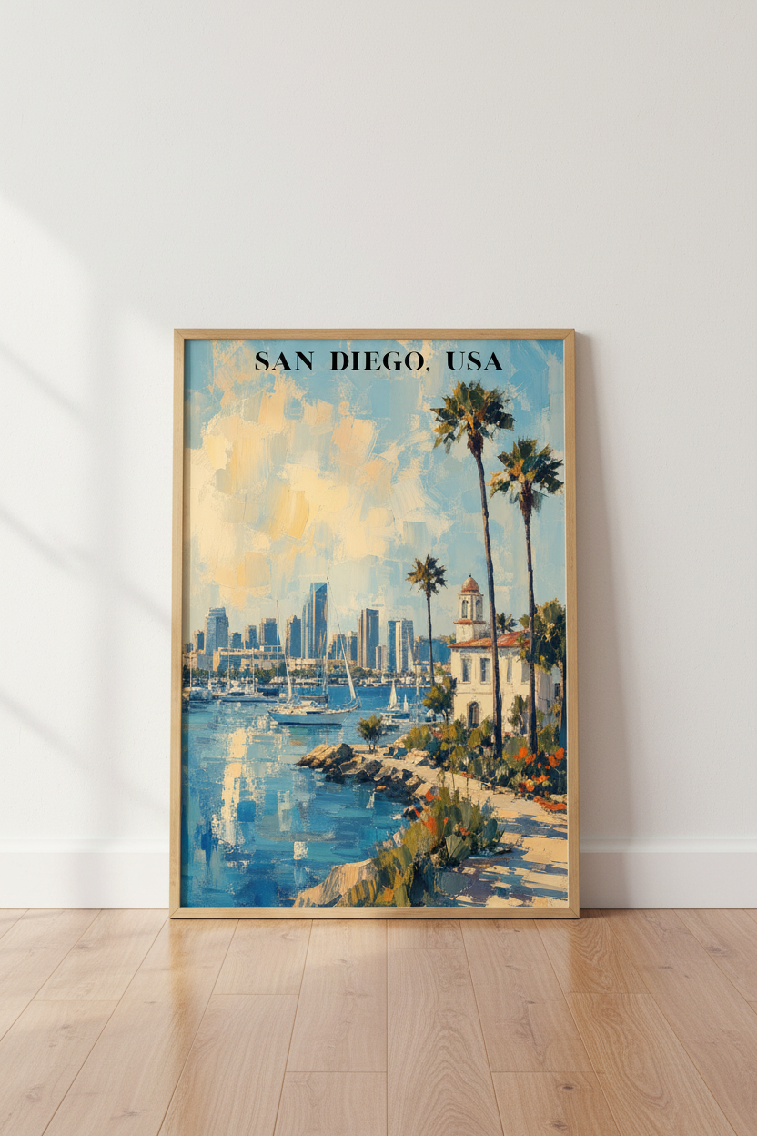 San Diego Wall Art Print | California Coastal Skyline Decor | Impressionist Poster