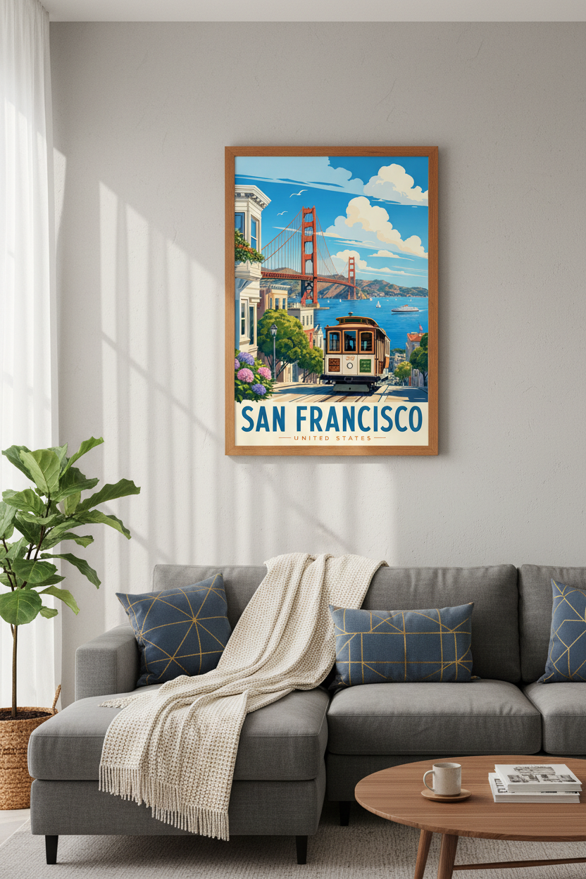 San Francisco Travel Poster | Golden Gate Bridge & Cable Car Wall Art | California Decor