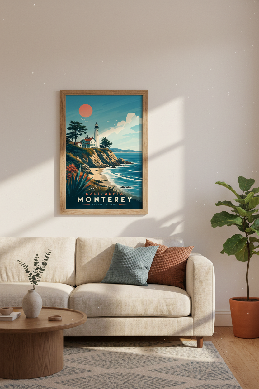 Monterey California Lighthouse Wall Art | Coastal Travel Poster | Retro Pacific Decor
